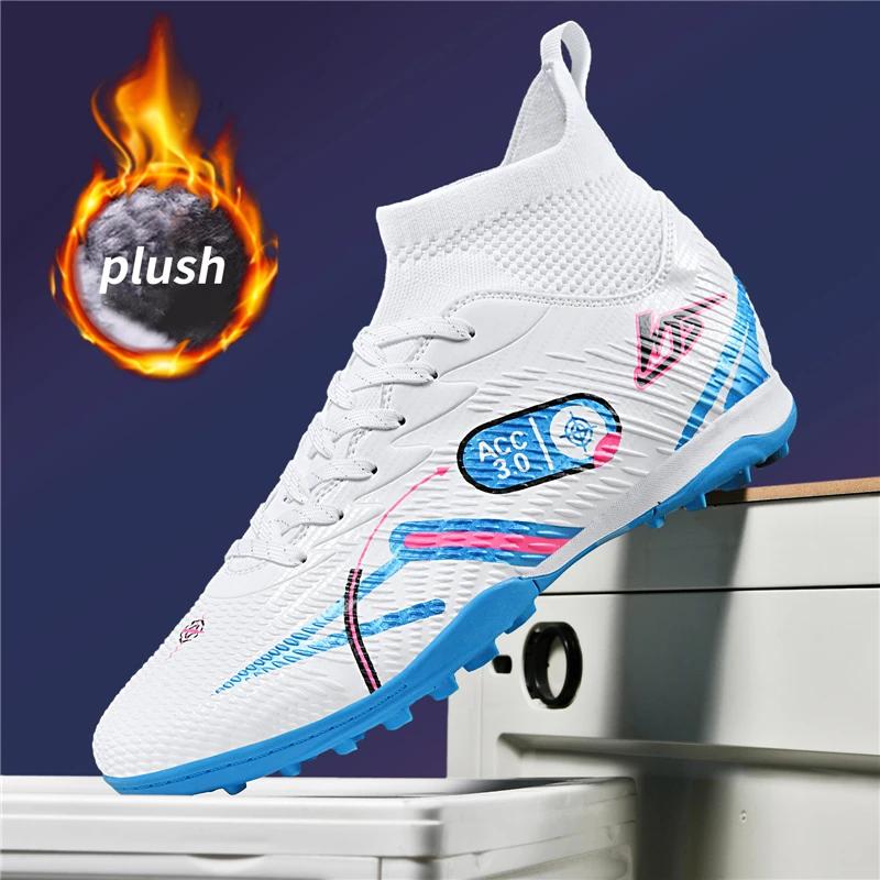 Winter New High-Top Fleece Lined Football Shoes for Men Training Grass Field TF Studs AG Leather Footwear Sports Sneakers