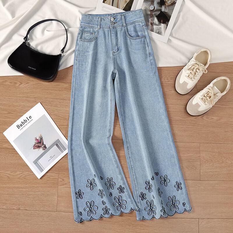 Women s Hollow Embroidered Wide-Leg Denim Jeans M