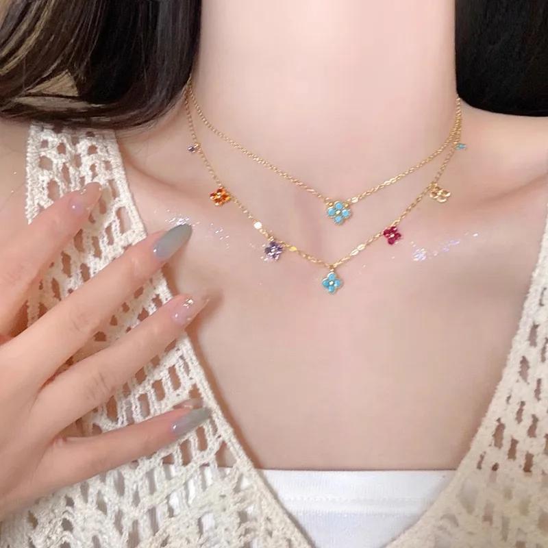 PONYKISS Sterling Silver Colorful Zircon Clover Flower Pendant Chain Necklaces for Women Fine Cute Plant Accessories