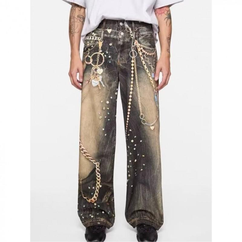 Pantaloni Jeans Unisex a Gamba Larga Taglio Dritto Con Stampa 3D Dettaglio Catena Vestibilità Rilassata Vita Media Misto Cotone