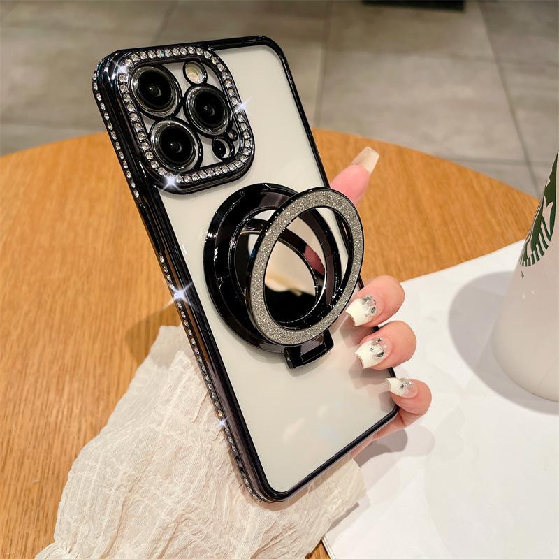 Applicable To iPhone17ProMax Electroplated Rhinestone Mobile Phone Case Apple 16Pro Mirror 15 Magnetic Suction Bracket 14 Sets