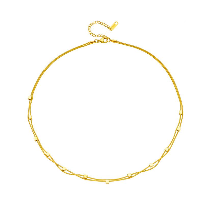 Gold Double Layer Snake Bone Chain Necklace with Cube Beads Minimalist Choker Necklace for Women Daily Wear