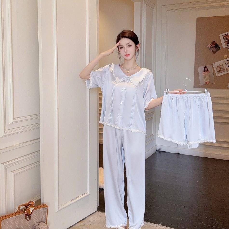 New French Ice Silk Pajamas for Women, Summer Short-Sleeve Lace Lace Fresh Girlish Solid Color Homewear Set