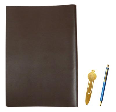 Brown Recycled Cowhide A4 Book and Notebook Cover with Metal Bookmark and a Blue Retractable Ballpoint Pen Set with an Lizard Finish (NQ26) All-metal