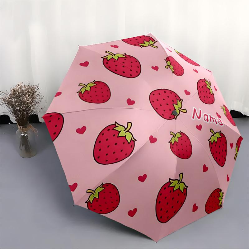 1pc Strawberry Heart Custom Name Automatic Folding Umbrella, Durable Plastic & Iron, Lightweight for Outdoor Daily Use S1230071