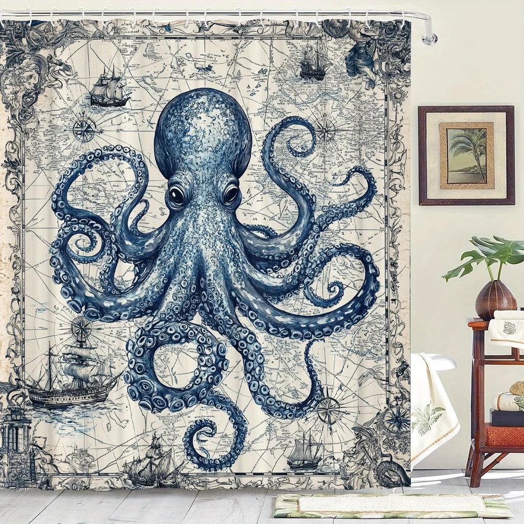 Nautical Octopus Shower Curtain: Unique Coastal Decor For Bathroom, Ocean Vibes, Vintage Charm, And Adventure For Sea Lovers