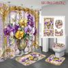 4Pcs Iris Flowers Shower Curtain Set with Non-Slip Bath Mat, Toilet Lid Cover, Contour Rug & 12 Hooks, Bathroom Decor