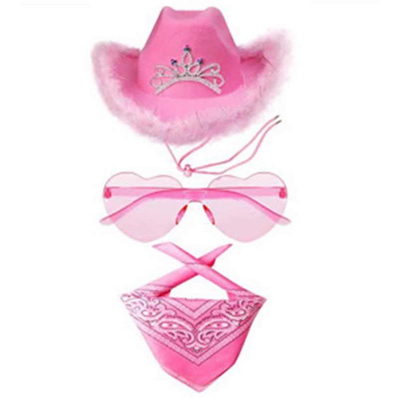 Feather Edge Letter Cowboy Hat Sequins Pink Western Rough Edge Cowboy Hat Glasses Square Towel Three-piece Set