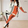 Women Plus Size White Orange Black Geometric Printed Half Zip Long Sleeve Two Piece Pants Set