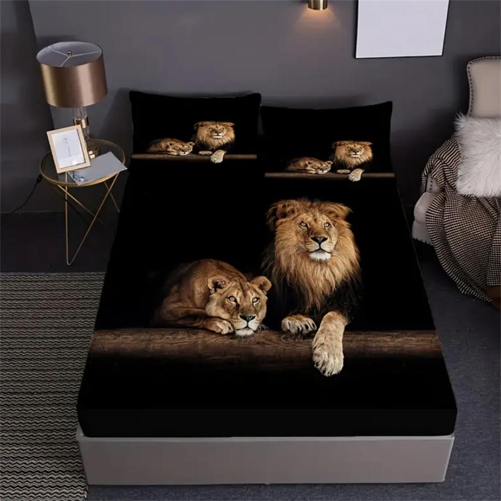 Luxurious Lion-Themed Fitted Sheet Set 2/3pcs - Ultra-Soft Animals Fabric with Deep Pocket - Ideal for Bedroom and Dorm Room