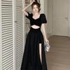 French Hollow Out Short Sleeve Black Maxi Dress Women Vintage Warm Square Collar A Line Dresses Female Summer Chic Vented Party Clothes Lady