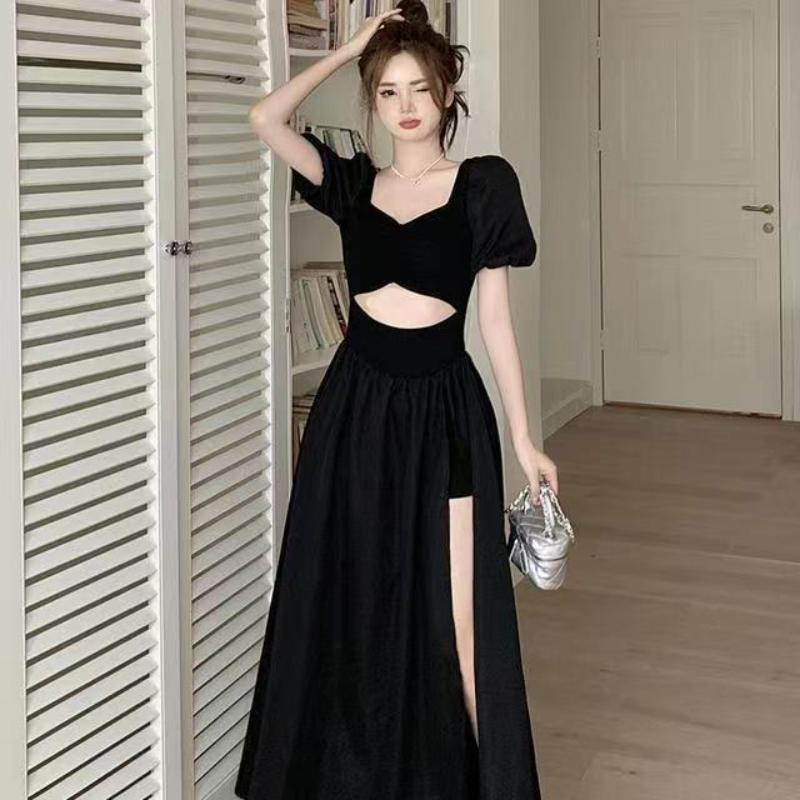 French Hollow Out Short Sleeve Black Maxi Dress Women Vintage Warm Square Collar A Line Dresses Female Summer Chic Vented Party Clothes Lady