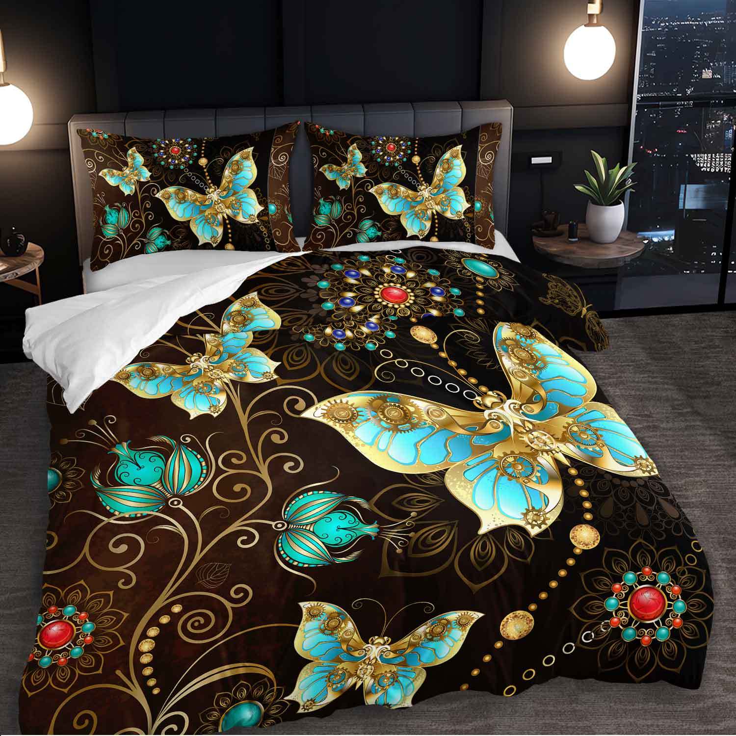 

3pcs Luxury Teal Golden Butterfly Bedding Set Bohemian Butterfly Quilt Cover Set Bohemian Themed Duvet Cover Set Duvet Cover Set&EU Single(135x200cm)