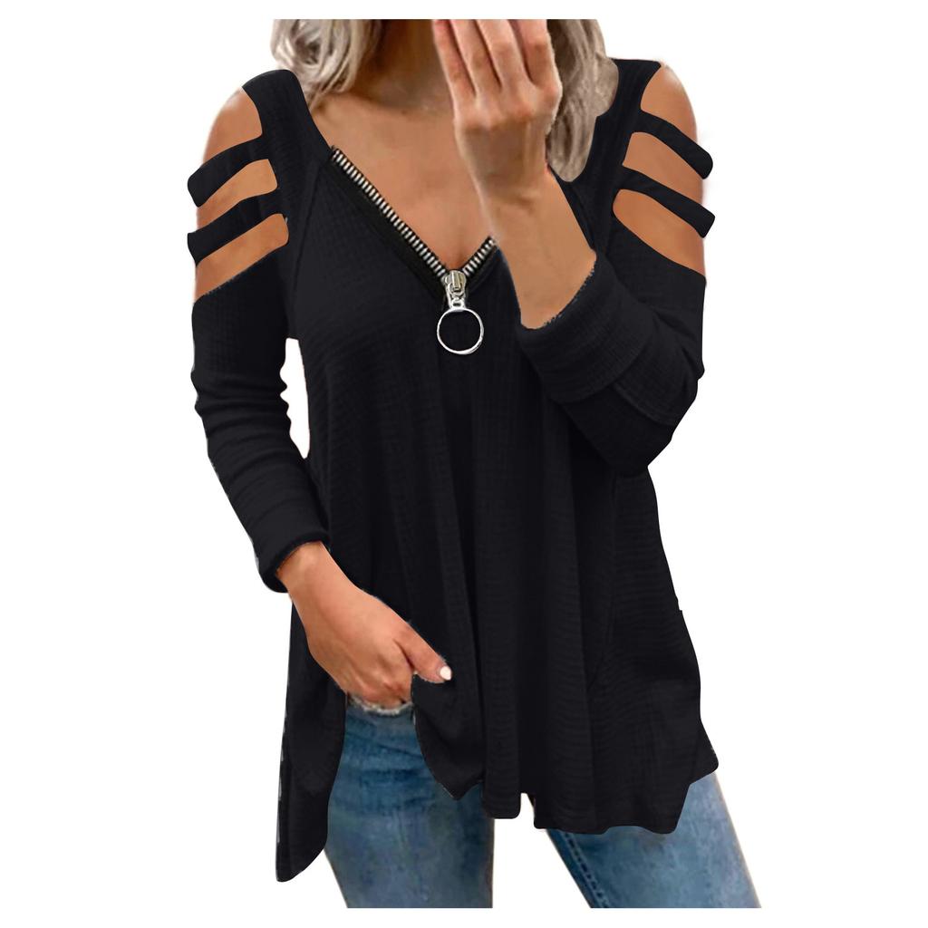 Women Sexy V-neck Collar Zipper Color Long Sleeve Fold Casual Blouse Tops