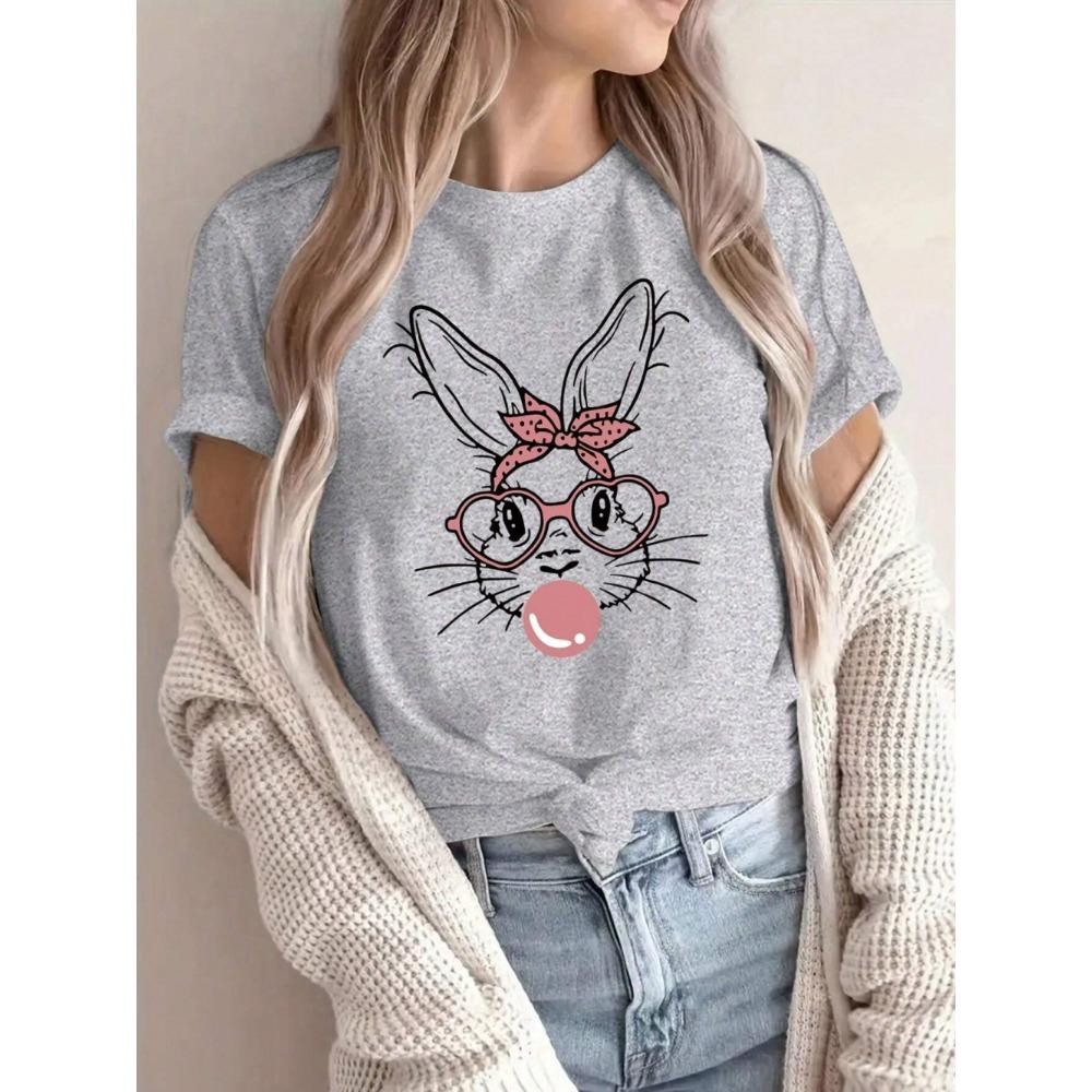 Fashion Pink Rabbit Bubble Blowing Women's T-shirt Casual Short Sleeve Street T-shirt Women's