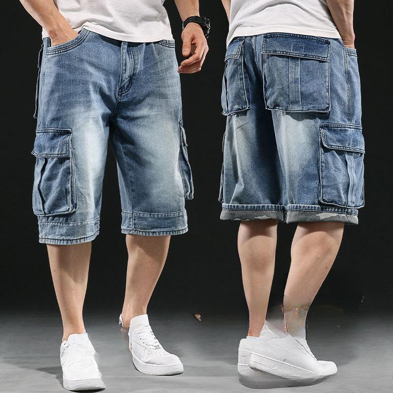 

Мужские широкие джинсовые шорты с несколькими карманами 7 Point Work Cargo Jeans Shorts Fat Plus Size Denim Shorts Male 36 светло-синий