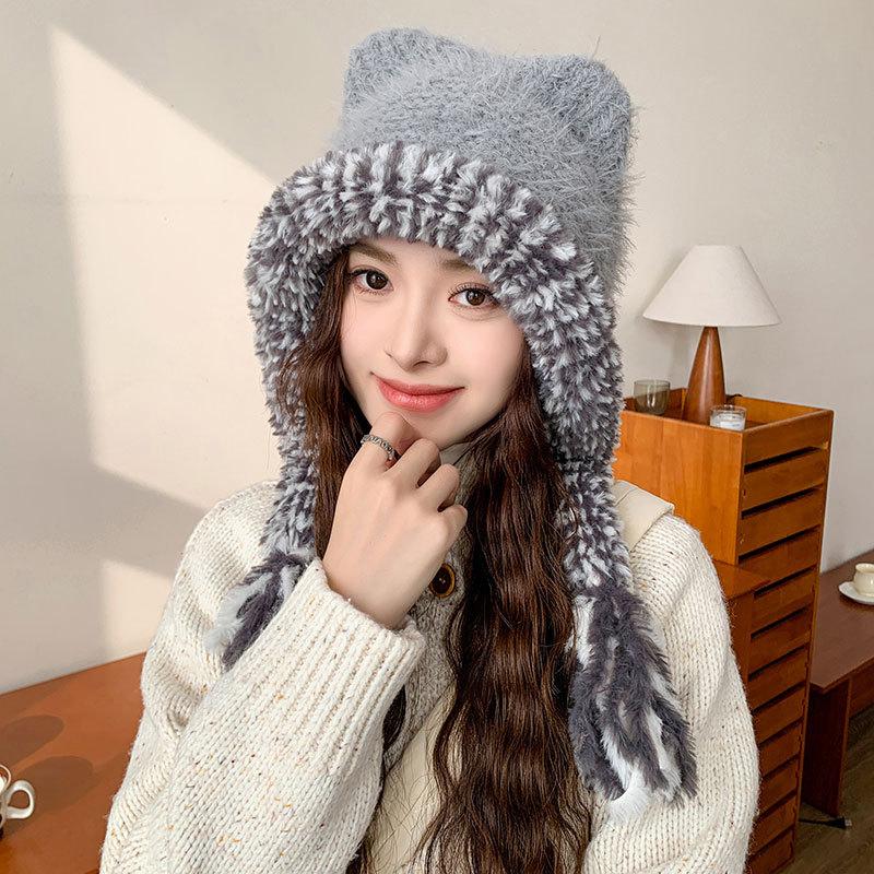 New Winter Windproof Warm Cute Bear Ear Knit Hat With Soft Ear Protection 3