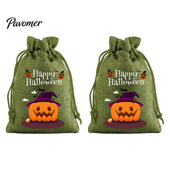 Trick or Treat Party Souvenirs 2Pcs Halloween Pumpkin Drawstring Bags for Candy Treats, Retro Burlap Rustic Linen Goodie Bags, Portable Kids