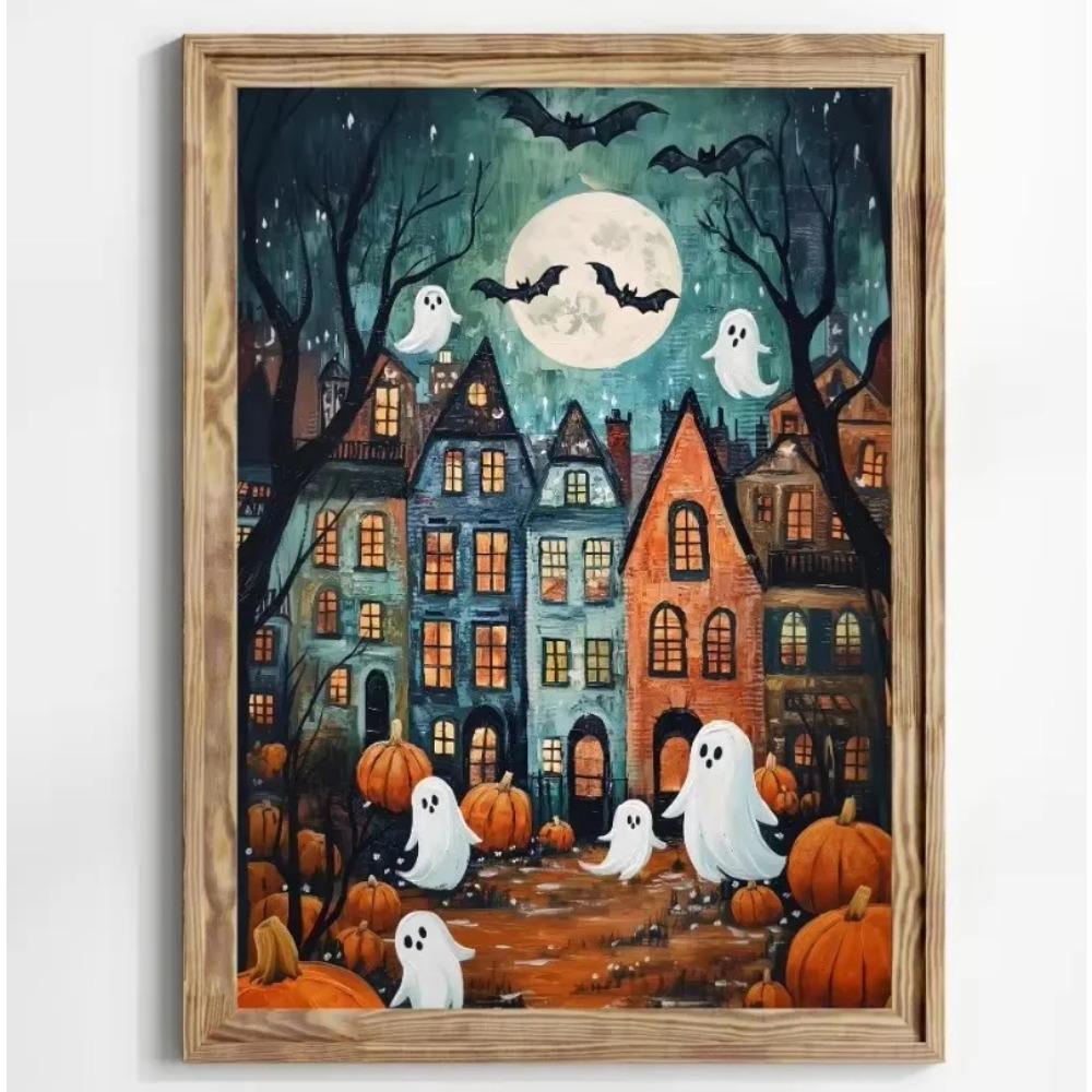 Stampa su Poster Foresta Gatto Nero Fantasma Fiori Selvatici Pittura su Tela Zucca Halloween Spettrale Arte Dark Academia Stanza Arredamento Casa