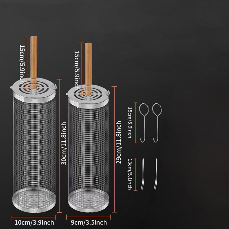 BBQ Korg Rostfritt stål Rullande Grillkorg Trådnät Cylinder Grillkorg Bärbar Rund Utomhus Camping Grillställ