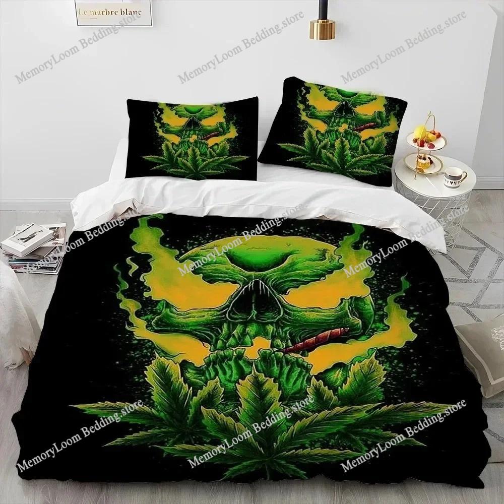 Artwork Unique Maple Weed Plant Green Death Skull Smoke Bedding Set Queen/King Size Duvet Cover Comforter Soft Cozy Home Textile
