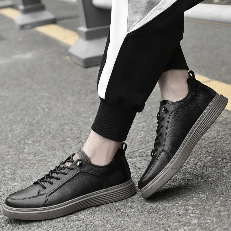 New Mens Genuine Leather Casual Shoes Italian Men Sneakers Leisure Walk Increase Male Outdoor Shoes Skateboard Vulcanized Shoes