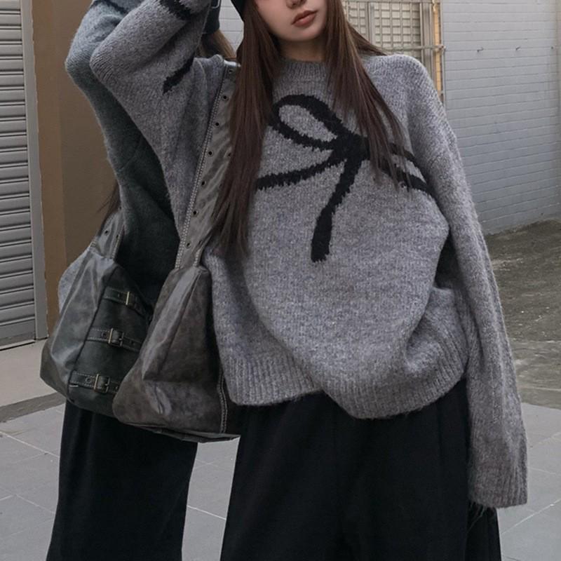 Korean Style Bow Knit Loose Pullover Sweater - Women’s Autumn/Winter 2025 Collection
