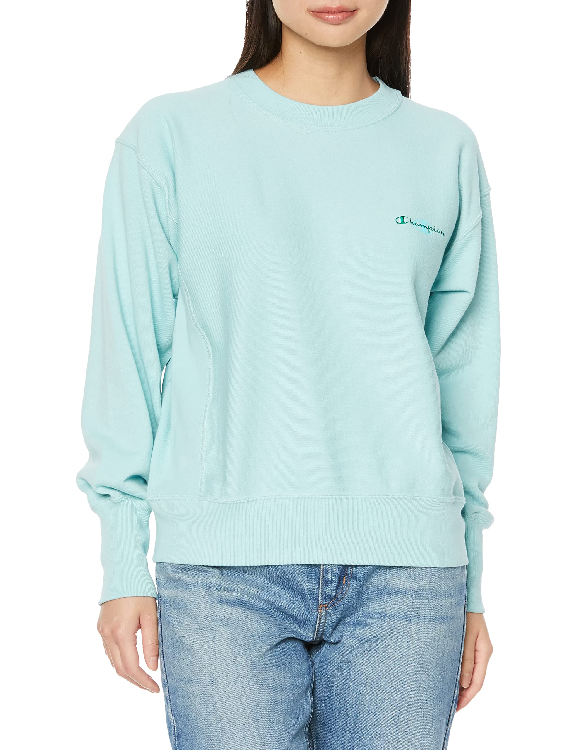 

Champion Хлопковый с длинным рукавом 10 унций Логотип Script Переплетение Reverse Weave Круглый вырез Светло-голубовато-серый Размер M Женский 100% Толстовка, (CW-X001),