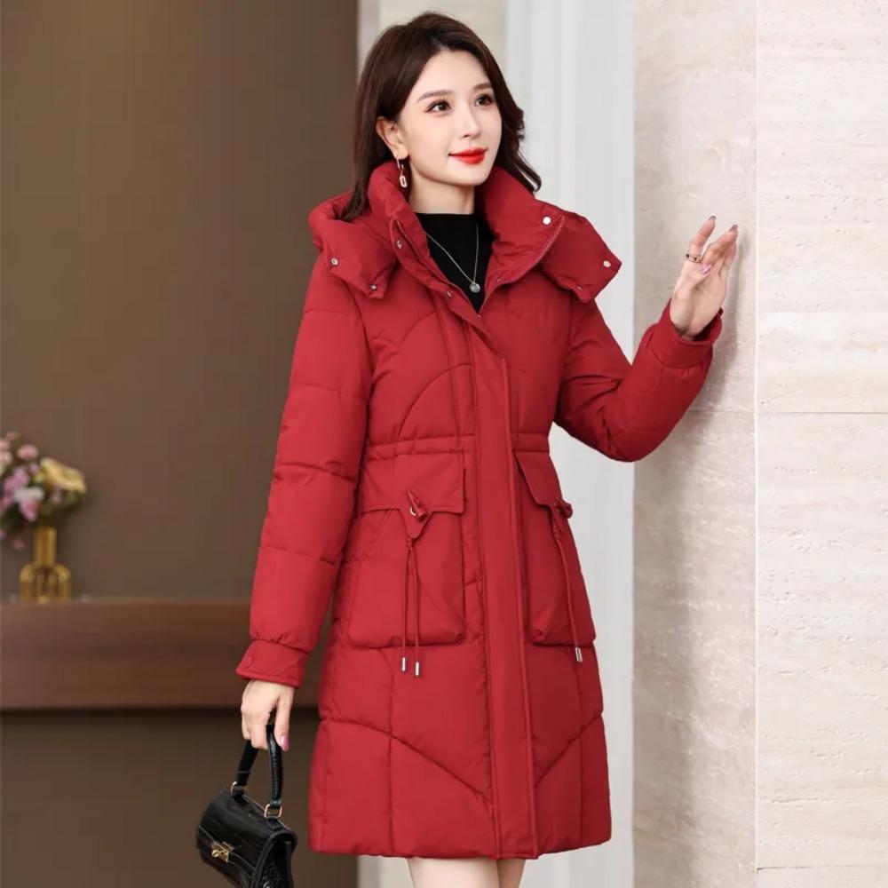 Women's Mid-Length Hooded Padded Jacket for Winter - Thick, Waist-Fitted with Horn Buckle, Ideal for Middle-Aged Mothers
