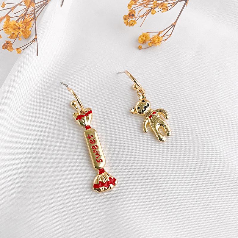 Asymmetric Bear Earrings with S925 Silver Needle - Sweet and Fun Christmas Candy Design