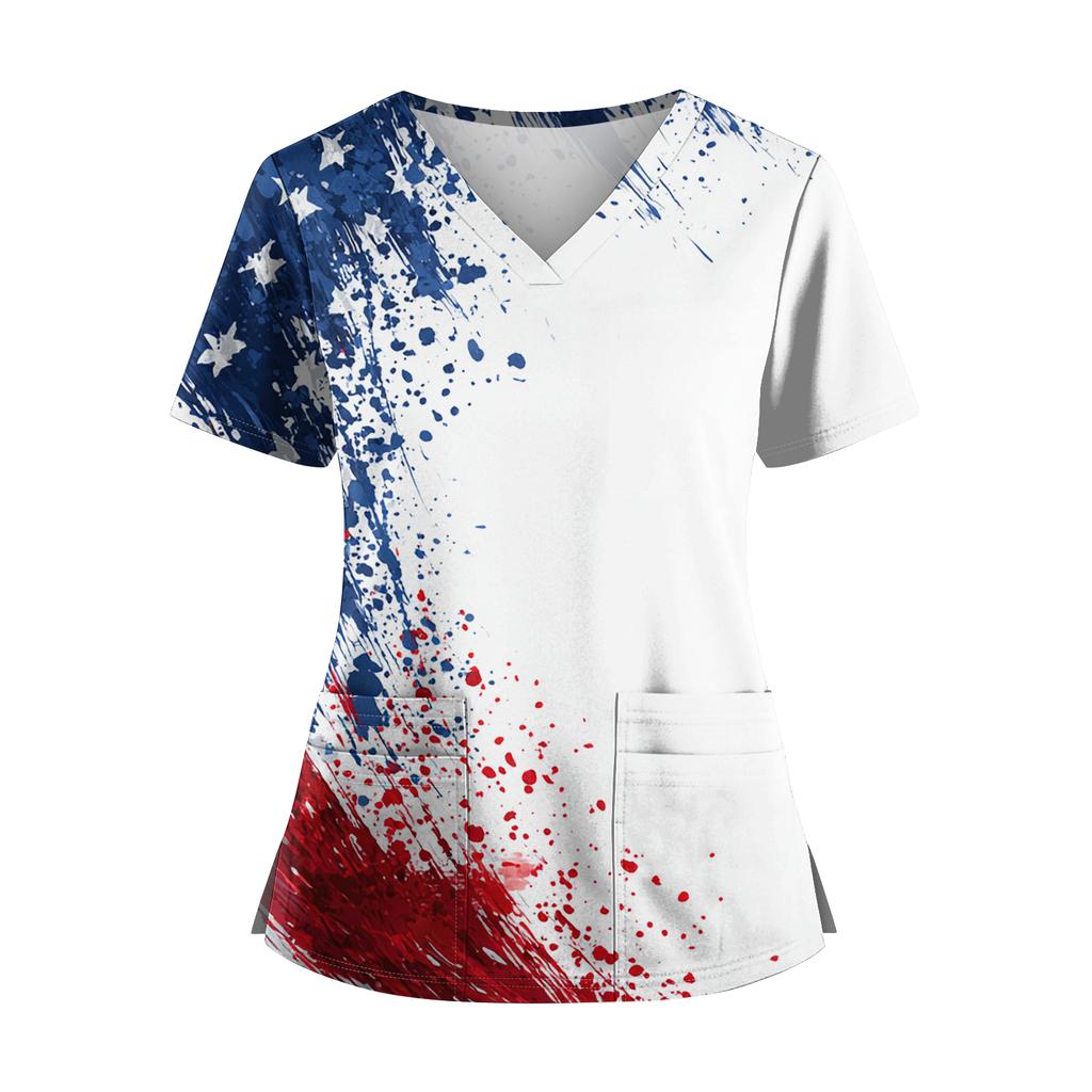 Women's Independence Day Print V-Neck Double Pocket Short Sleeve Uniform with Slit Hem - Caregiver Top