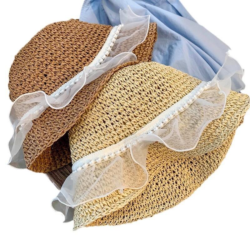 Fashionable Summer Pearl Embellished Organza Hollow Wide Brim Hat For Women And Men