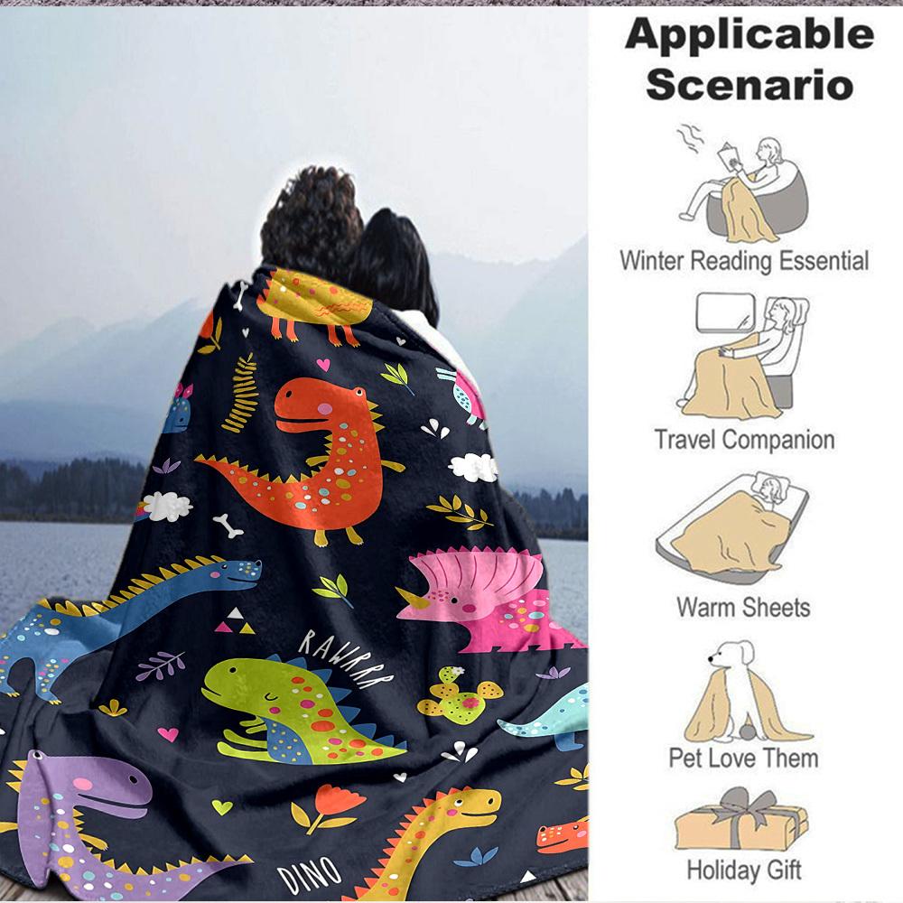1pc Dino Rainbow Blanket, Lightweight Flannel Throw Blanket For Sofa, Bed, Travel, Camping, Living Room, Office, Couch, Chair, And Bed