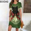 Ladies Short Sleeve Round Neck Christmas Cat Dress Fun And Cute Holiday Cat Design Women's Summer Dress