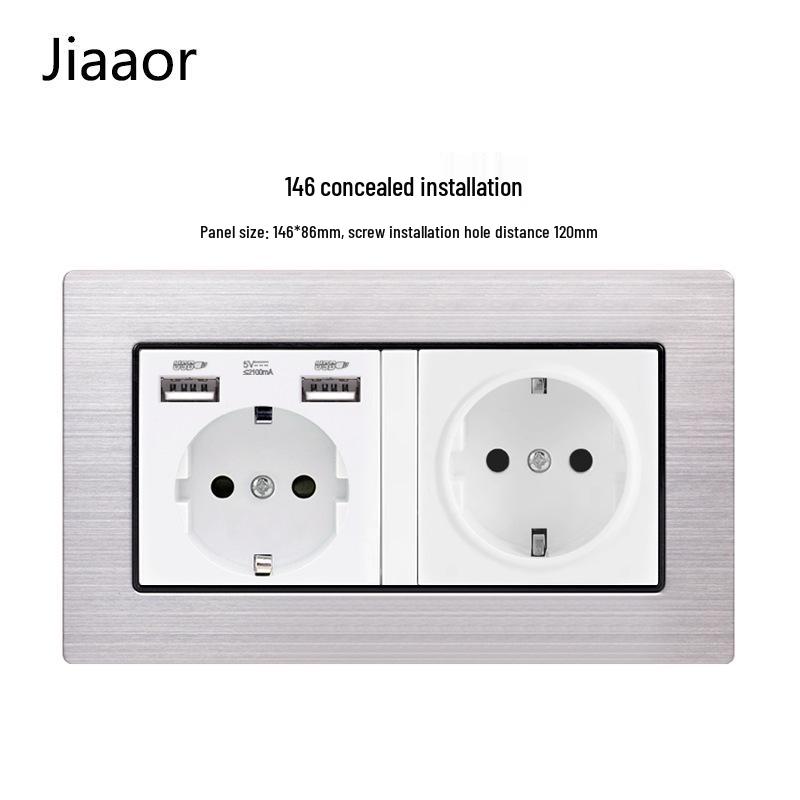 Type 146 Dual USB 16A Two-Gang European Power Socket Panel with German Standard Switch (Concealed)
