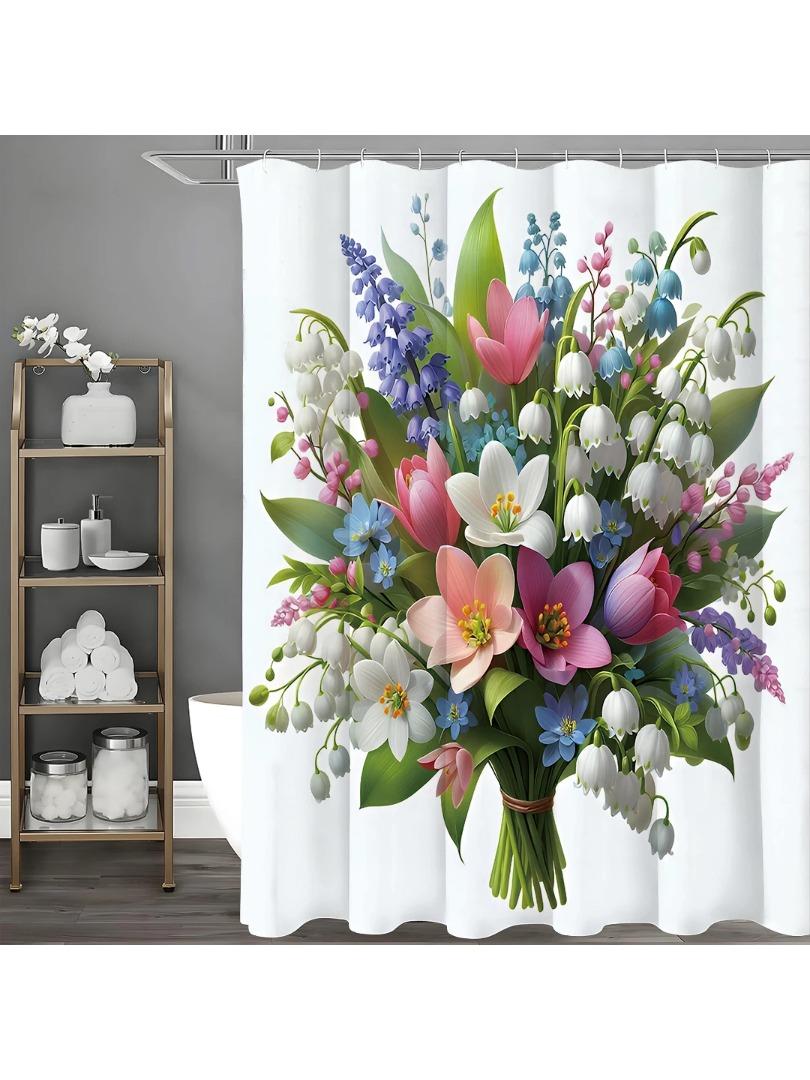 Spring Flower Botanical Bouquet Shower Curtain, Bathroom Decorative Shower Curtain, Waterproof Shower Curtain with Hooks W90xH180cm