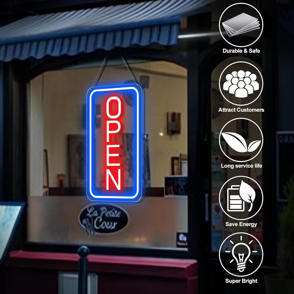 Ultra Bright LED Open Signs for Business, 16’’x 9’’ Neon Open Sign, Vertical Light up Sign with ON/OFF Switch adapter for Window Bars Cafes