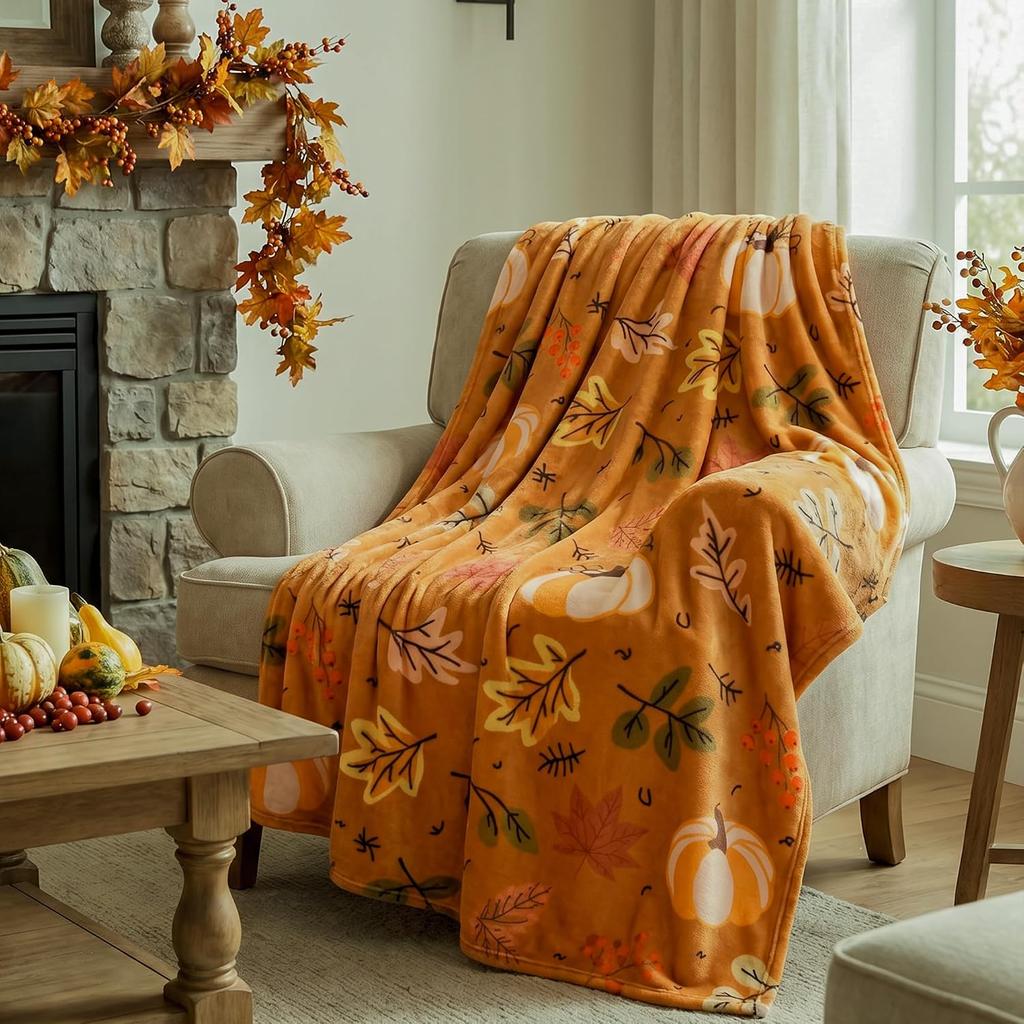 Autumn Pumpkin Maple Leaf Flannel Throw Blanket Orange Fall Harvest Botanical Soft Cozy Sofa Throw Blanket