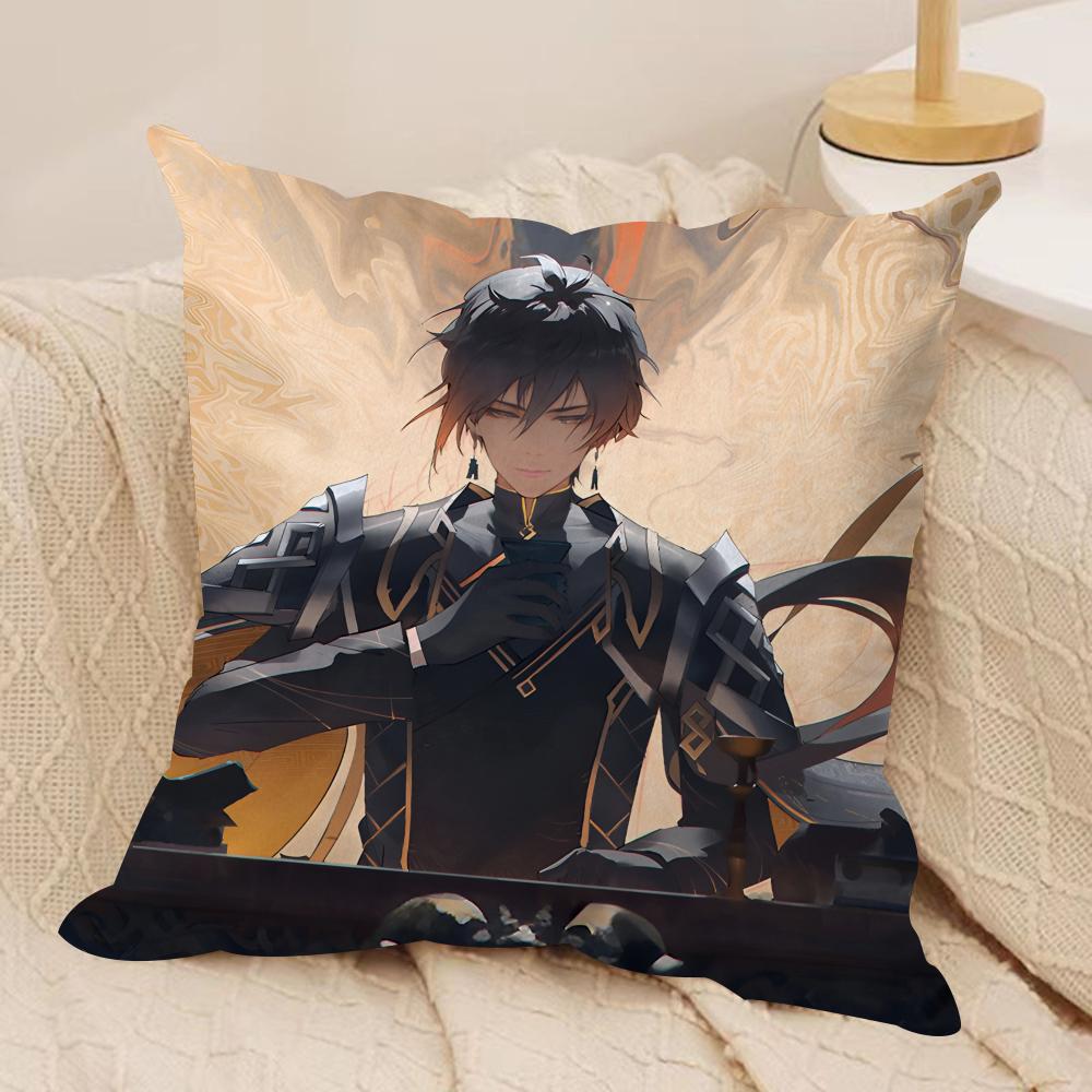 Zhongli Genshin Impact Cushion Cover Silky Short Plush Invisible Zipper Dustproof Sofa Pillow Case For Home Decor
