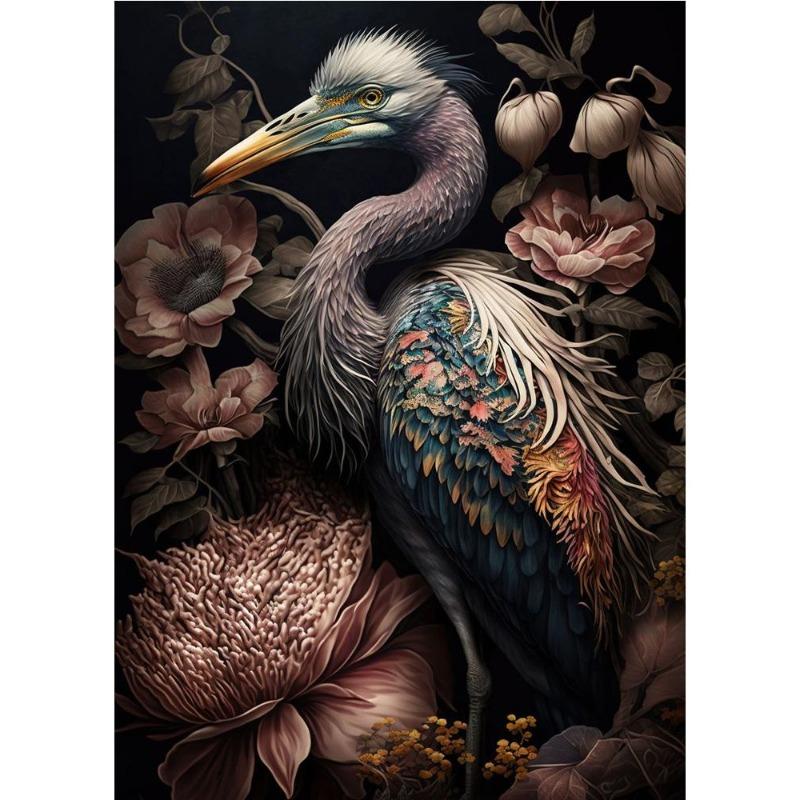 Vintage Animals In the Jungle, Flowers, Canvas, Painting, Poster Printing, Peacock, Tukan, Parrot, Elephant, Monkey, Wall Painting