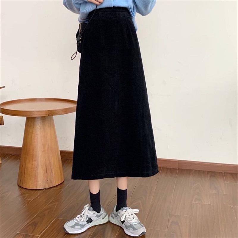Korean Style Corduroy A-Line Pencil Skirt, Women's Mid-Length, Autumn/Winter, Hip-Hugging Design with Slit