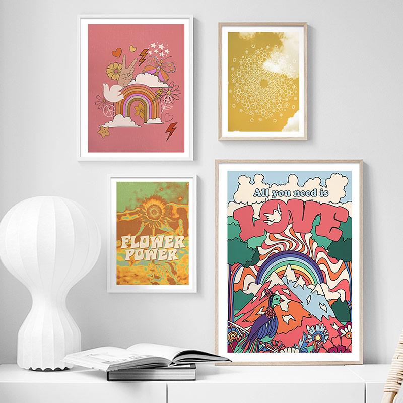 Nordic Posters And Prints 70s Vintage Love Flower Power Peace Hippie Wall Art Canvas Painting Wall Picture For Living Room Decor