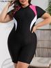 Solid Plus Swimwear 2025 Size Women Short Sleeve Large One Piece Swimsuit Lady Patchwork Big Swimwear Curvy Chubby Bathing Suit