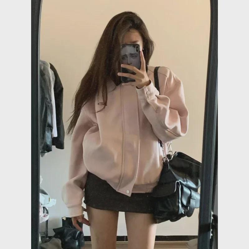 Hong Kong Style Pink Lapel Workwear Jacket for Women - Retro Spring/Autumn Design