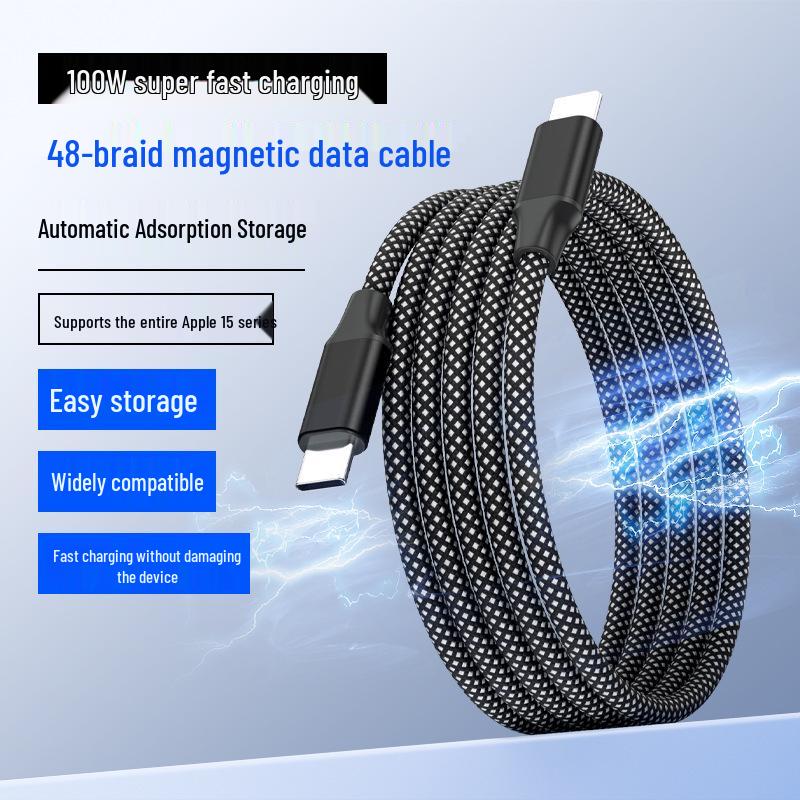 Dual-Color Braided Magnetic Cable for Apple & Huawei Type-C, 100W Charging, Aluminum Alloy