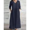 Cotton Linen Loose Long Dresses For Women 2026 Spring Autumn New Casual Half Sleeves V-neck Maxi Dress Simple Style Lady Vestido