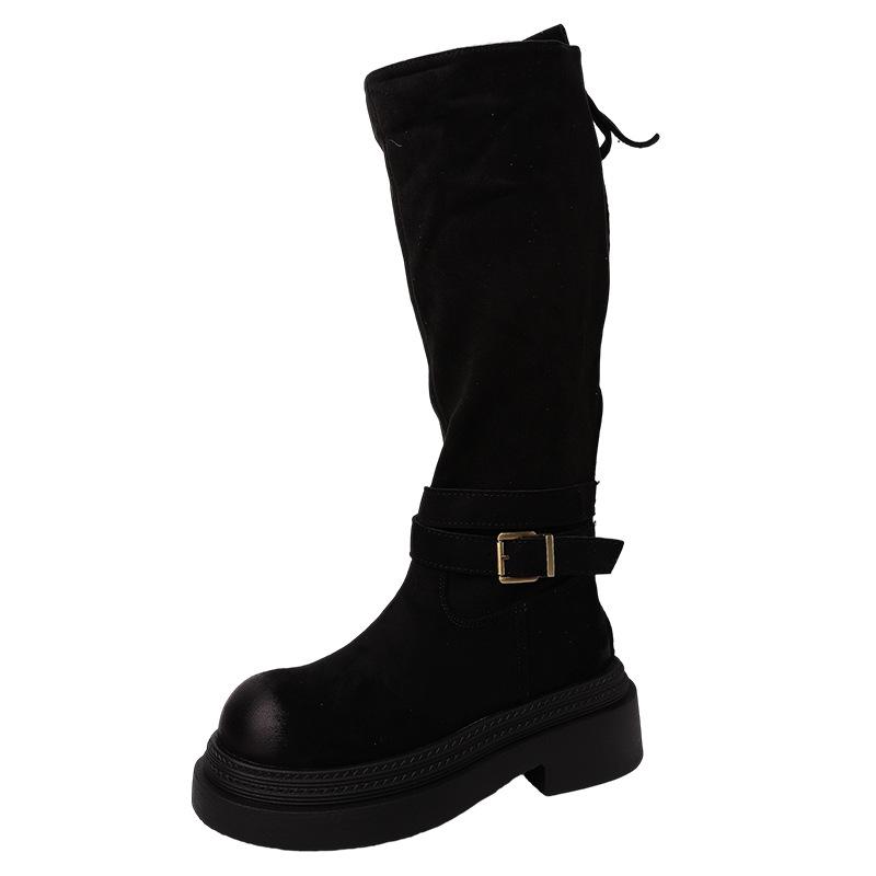 Piaohong retro suede round head thick heel thick-soled boots women's 2025 autumn and winter new belt buckle versatile knight boots