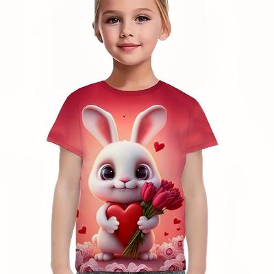 3D Söt Kanin Hjärttryck Kortärmad T-shirt Flickor Casual Rundhals T-shirts För Present Utomhus Alla Hjärtans Dag