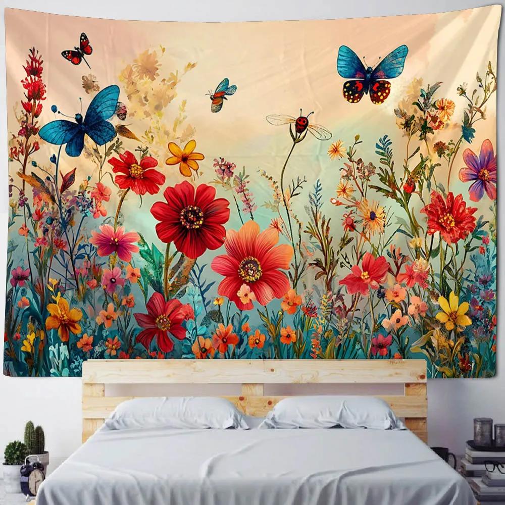 Flower Butterfly Printing Tapestry Dreamy Landscape Wall Hanging Cloth Mandala Hippie Home Decoration Bed Sheet Tablecloth
