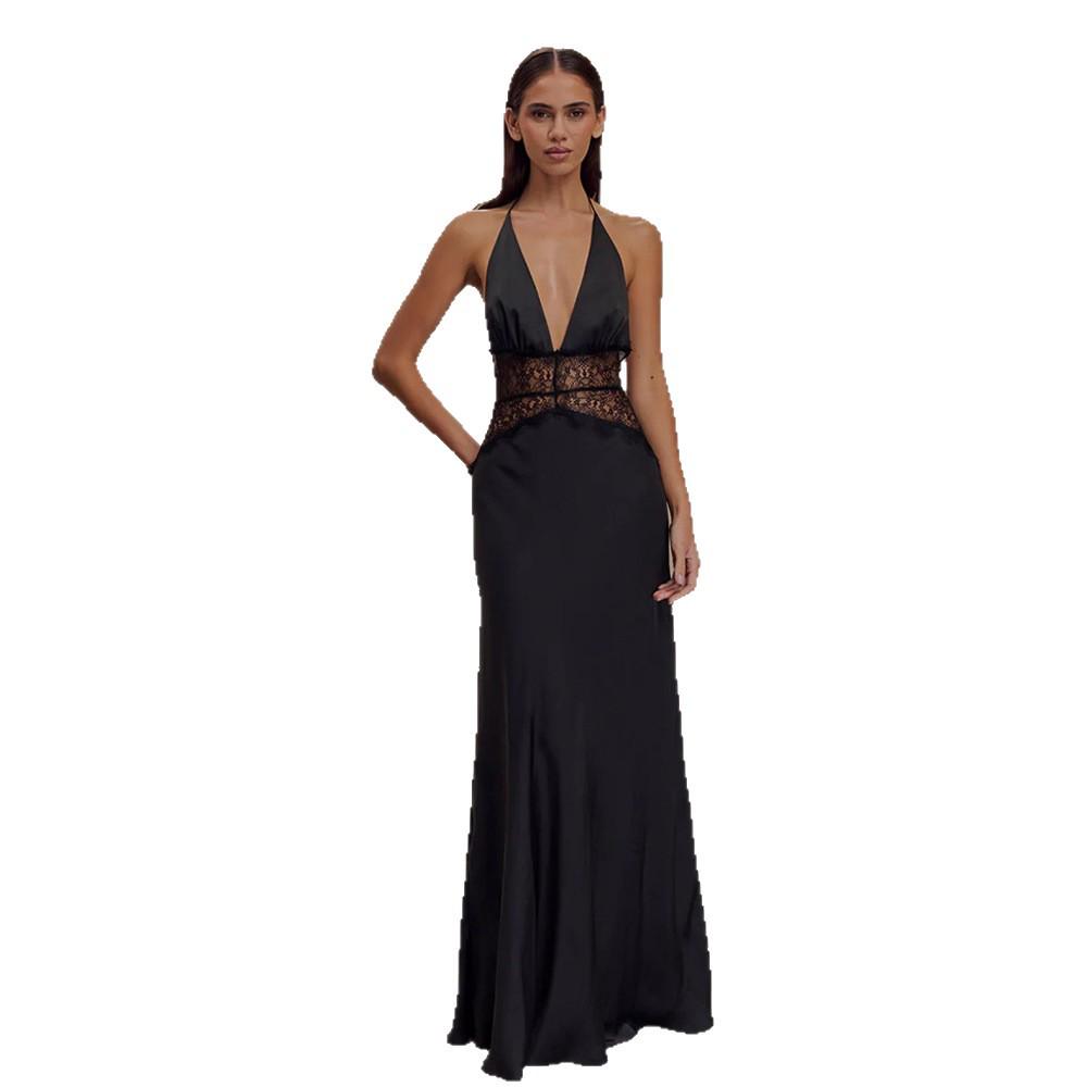 European Style 2025 Summer Women's Deep V Lace-Up Backless See-Through Slim Fit Dress